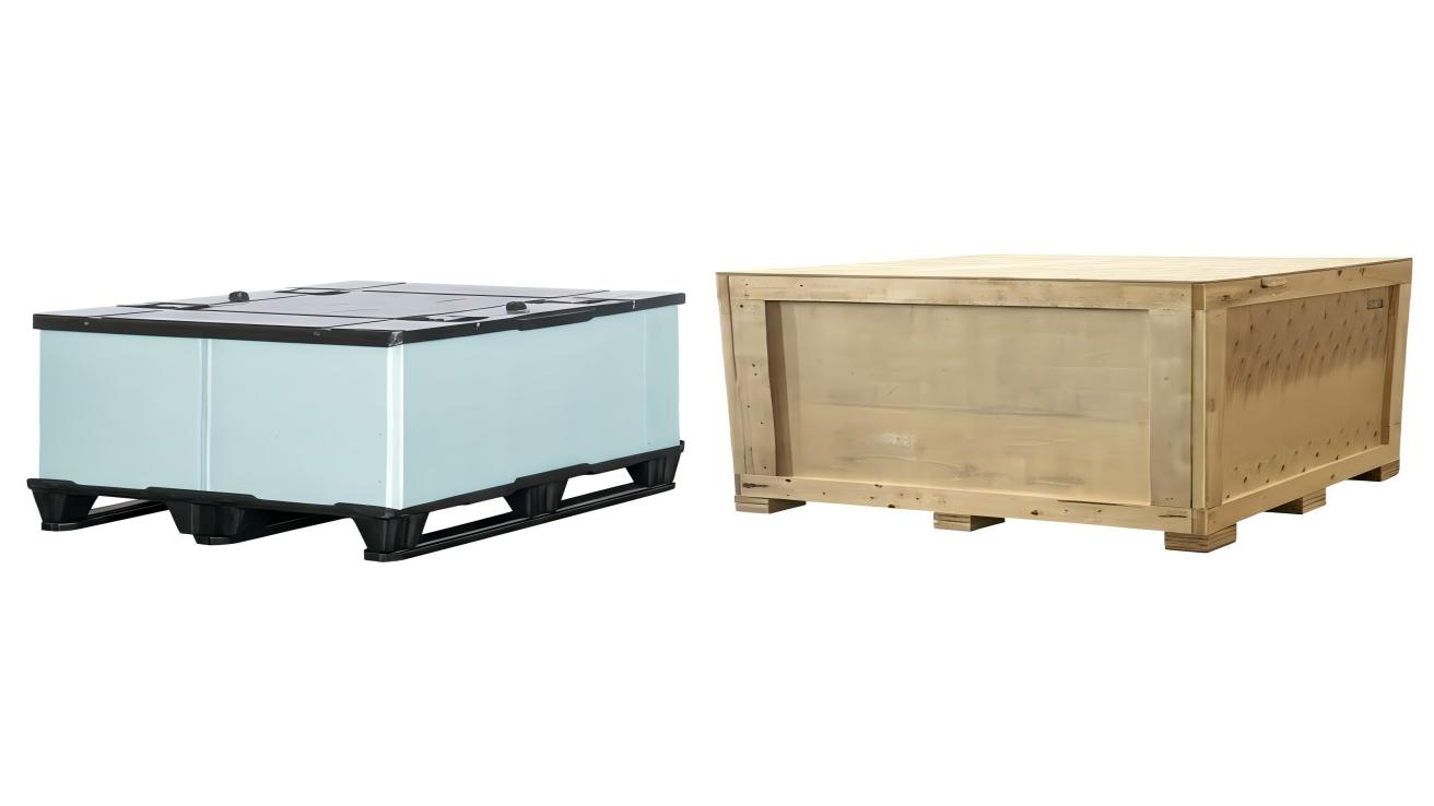 Side-by-side comparison of a plastic sleeve box and a wooden crate