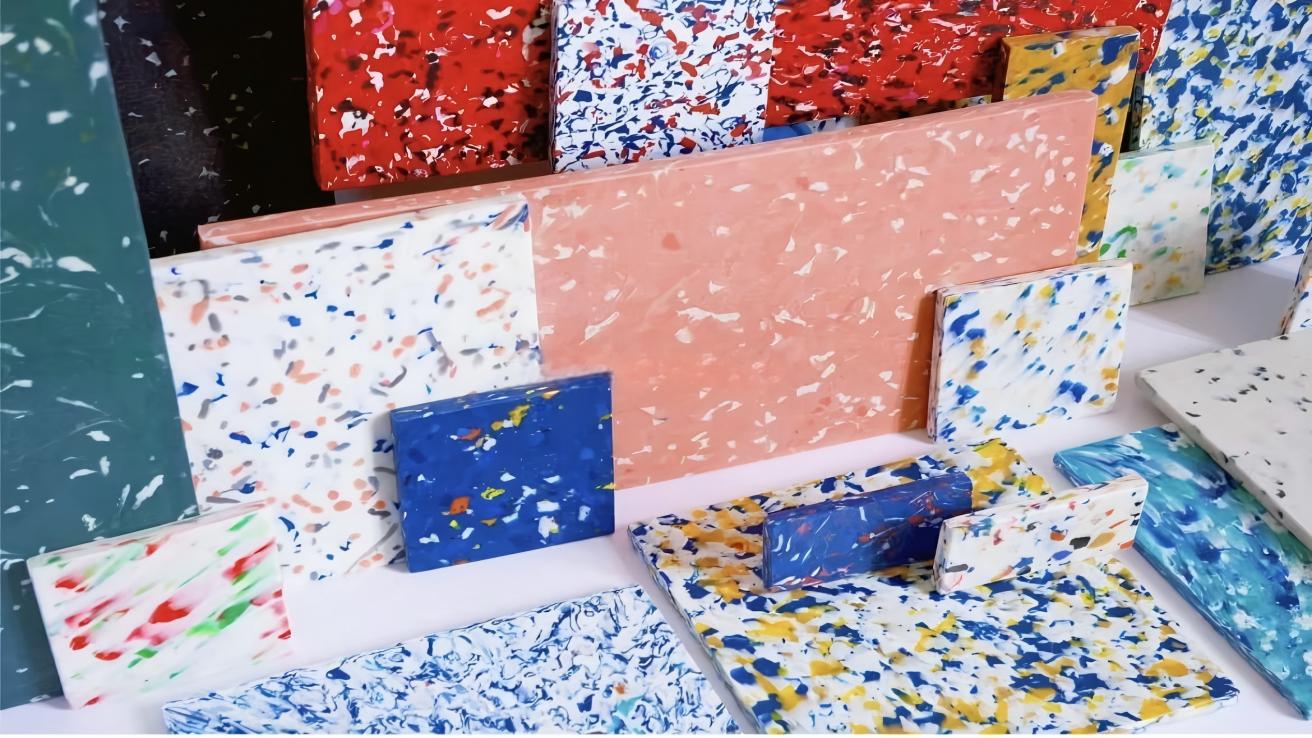 A stack of colorful recycled plastic sheets