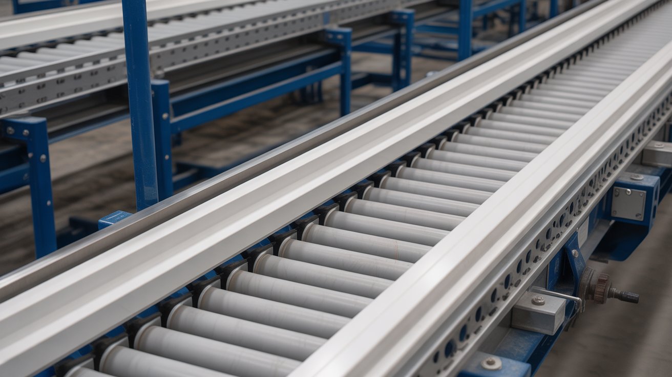 An industrial conveyor system using white UHMWPE guide rails and wear strips.