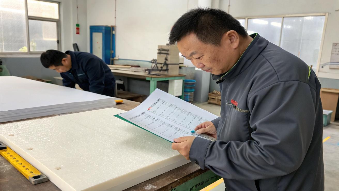 A quality inspector examining a sheet of UHMWPE with a data sheet in hand.