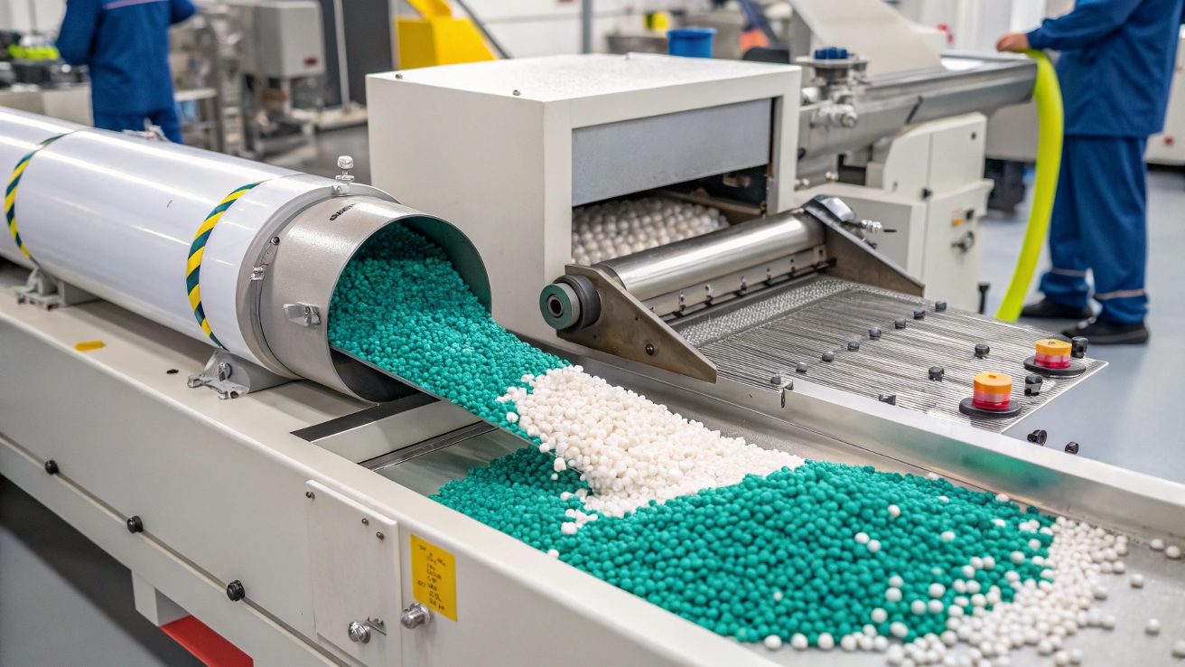 Plastic pellets being fed into an extruder machine
