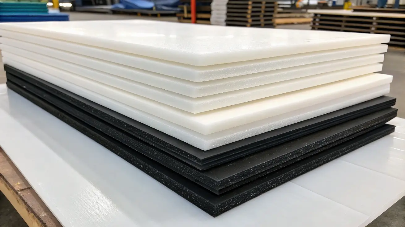 Stacked black and white HDPE plastic sheets, featuring food-grade quality and good chemical resistance, supplied directly from our facility.
